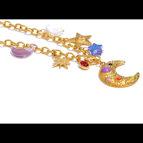 Moon Star Charms 18K Gold Stainless Steel Waterproof Necklace - Picture 8 of 12